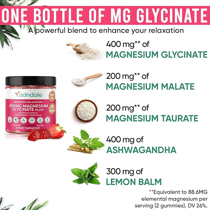 Adndale 180 CT Magnesium Glycinate Gummies 400 mg/Serv with Ashwagandha, Magnesium Malate & Taurate, Sugar Free Chews for Adults & Kids