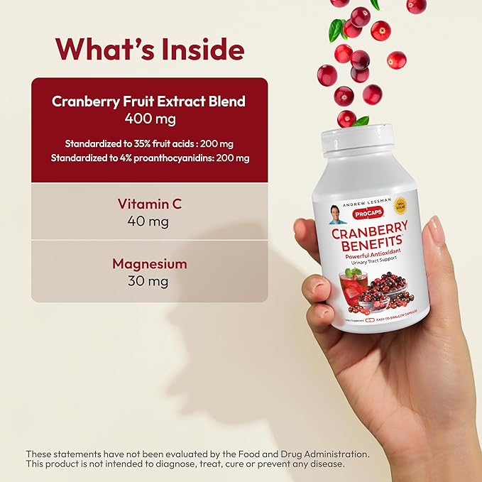 ANDREW LESSMAN Cranberry Benefits - 60 Capsules - Supports Bladder, Kidney and Urinary Tract Health. High Potency Standardized Extracts of Cranberry Fruit, Small Easy to Swallow Capsules