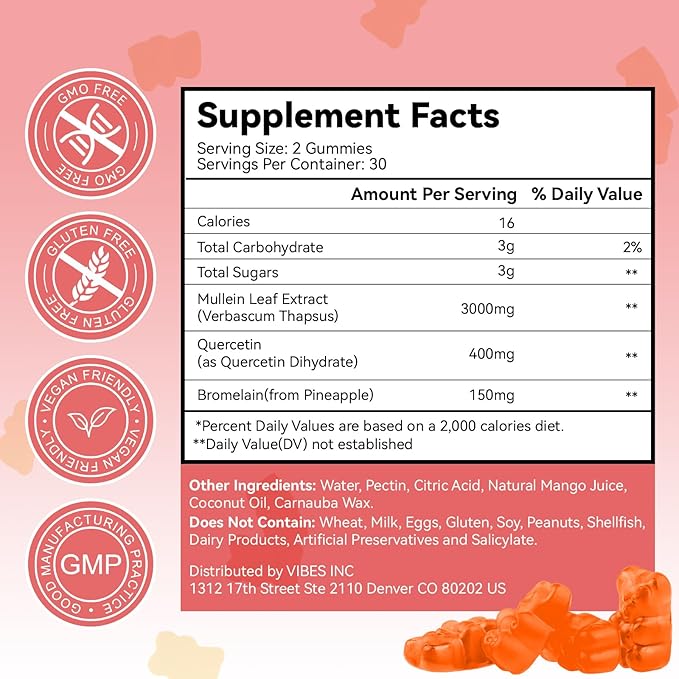 3000MG Mullein Gummies, Extra Strength Mullein Leaf Extract with Quercetin, Bromelain for Lung Detox & Immune Support, Mango Flavor, 60 Count