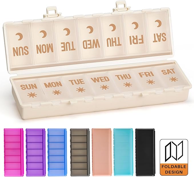 Foldable Pill Organizer 2 Times a Day w/Etched Labels -Dual Protection & Portable Weekly AM PM Pill Box, 7 Day Medicine Container, Large Travel Pill Case for Week Daily Supplement Vitamin - Khaki