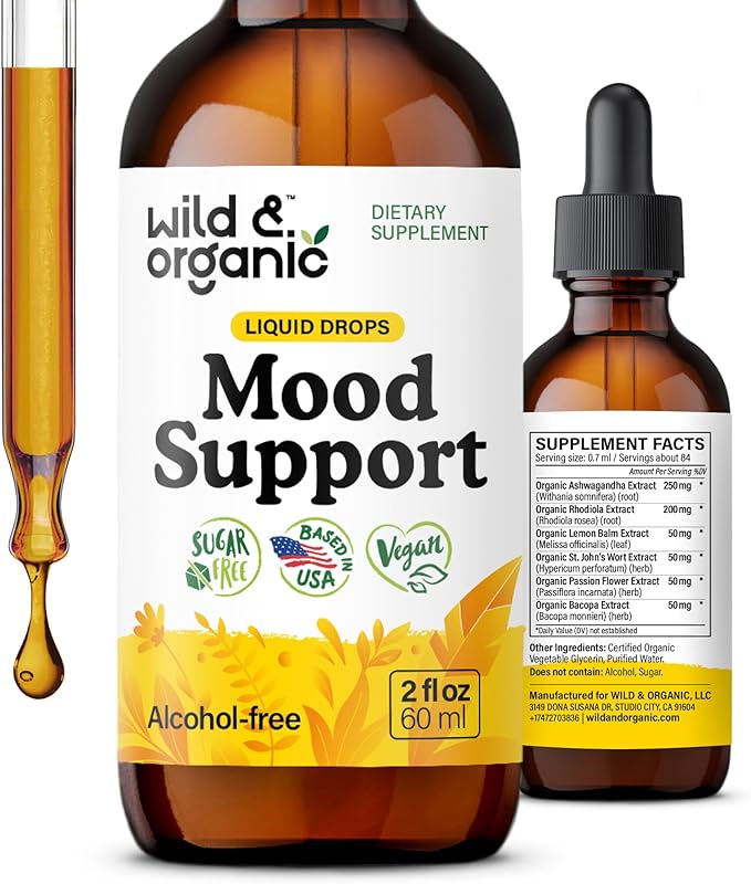 Wild & Organic Mood Support Drops - Good Mood Supplements w/Ashwagandha Root & Rhodiola Rosea - Natural Liquid Drops for Positive Energy - Calm and Relax Supplements for Women and Men - 2 oz