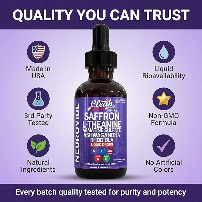 Saffron Supplements Liquid Drops L-Theanine Agmatine Sulfate Ashwagandha Magnesium Glycinate B6 Magnesium Stress Relief Mood Support 5-HTP GABA Supplement Vitamin D 4oz by Clean Nutra