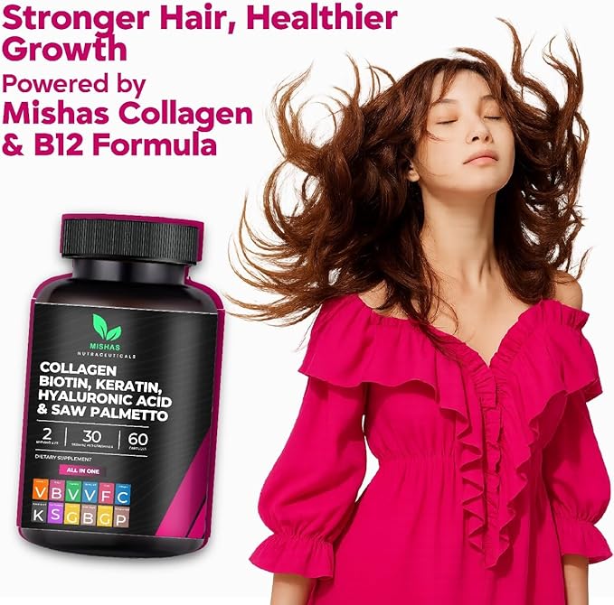 Multi Collagen Hair Pills - Biotin 10,000mcg, Keratin & Hyaluronic Acid - Hair Growth - Hair Skin & Nails Vitamins & DHT Blocker - Vitamin E Folic Acid Pumpkin Seed MSM, Saw Palmetto 60 Vegan Capsules