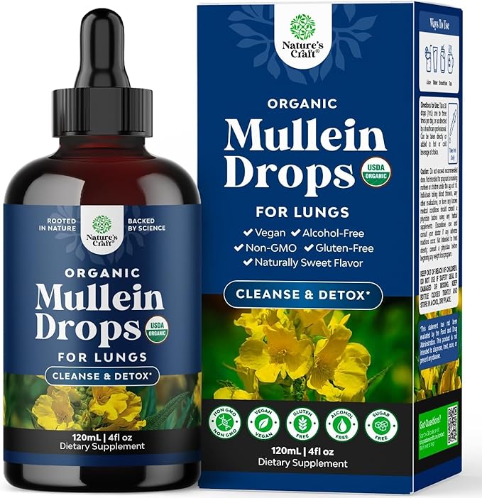 Organic Mullein Drops for Lungs - Herbal Lung Detox & Cleanse with Marshmallow Root Extract & Plantain Leaf for Respiratory Lung Health - Mullein Leaf Tincture Drops for Breathing Support - 4 Fl Oz