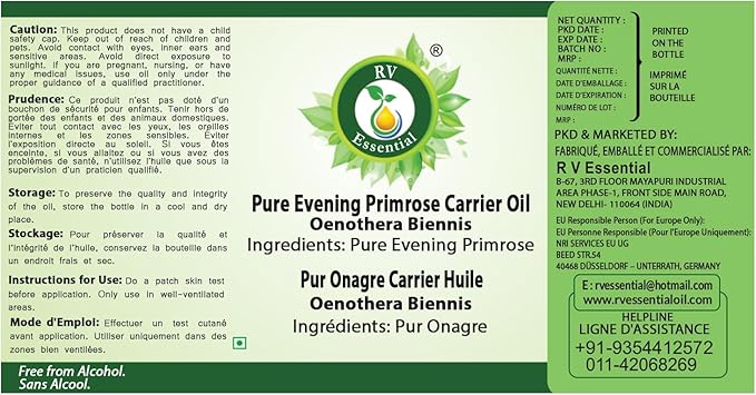 R V Essential Pure Evening Primrose Carrier Oil 100ml (3.38oz)- Oenothera Biennis (100% Pure and Natural Cold Pressed)