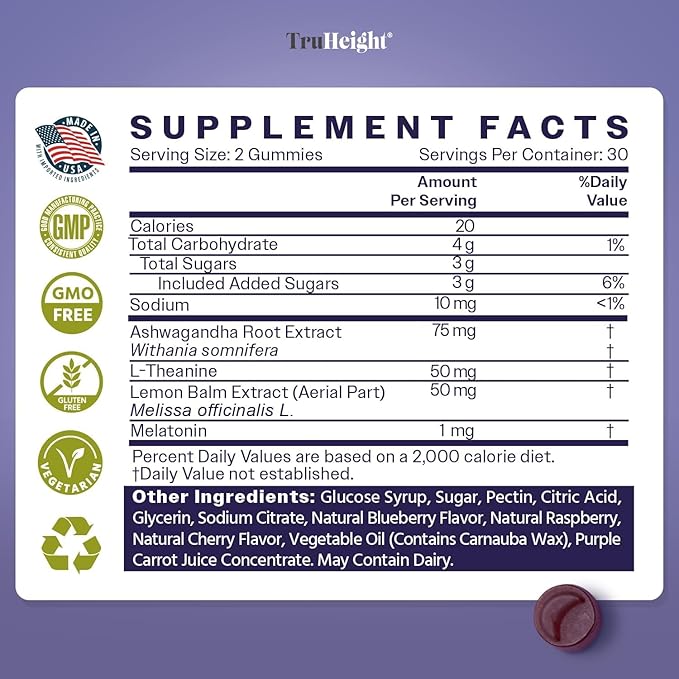 TruHeight Sleep Gummies - Kids & Teen Natural Sleep Aid for Tall & Growing Bodies - Pediatric Recommended Growth - Melatonin Gummy, Ashwagandha, L-Theanine, Lemon Balm - Mixed Berry, Taller Ages 4+