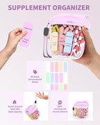 Pill Organizer with 7 Compartments, Pill Box Case for Holding 7 Different Vitamins, Anti-Mix Design for Easy Medication Retrieval. Travel Pill Organizer with 20 Labels. Pill Container（Purple）