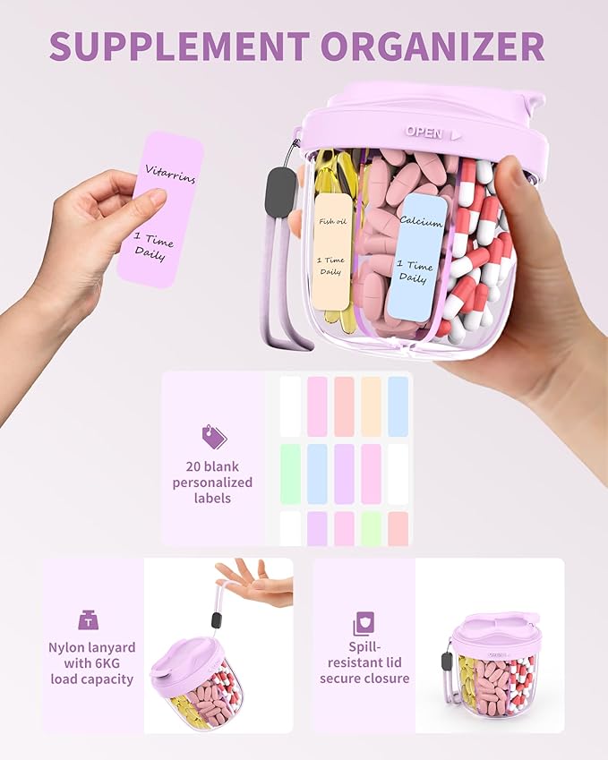 Pill Organizer with 7 Compartments, Pill Box Case for Holding 7 Different Vitamins, Anti-Mix Design for Easy Medication Retrieval. Travel Pill Organizer with 20 Labels. Pill Container（Purple）