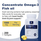 2 Bottles of Omega 3 Fish Oil Concentrate Supplement 1000 mg, with EPA and DHA, Support Heart, Joint, Brain, and Eye Health, 400 Softgels