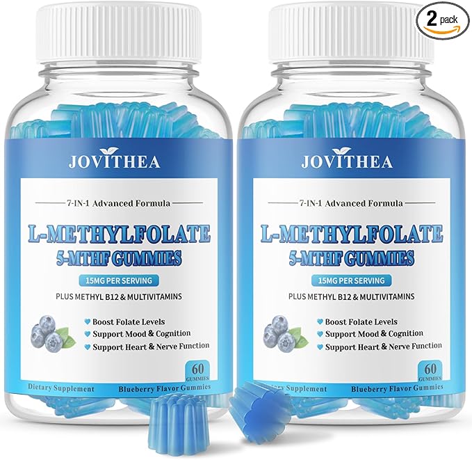 2 Pack L-Methylfolate 15mg Gummies with Methyl B12, Folate 5-MTHF Supplement for Mood, Brain Health, Cognition & Immunity, Sugar Free, Vegan, Non-GMO, 120 Count