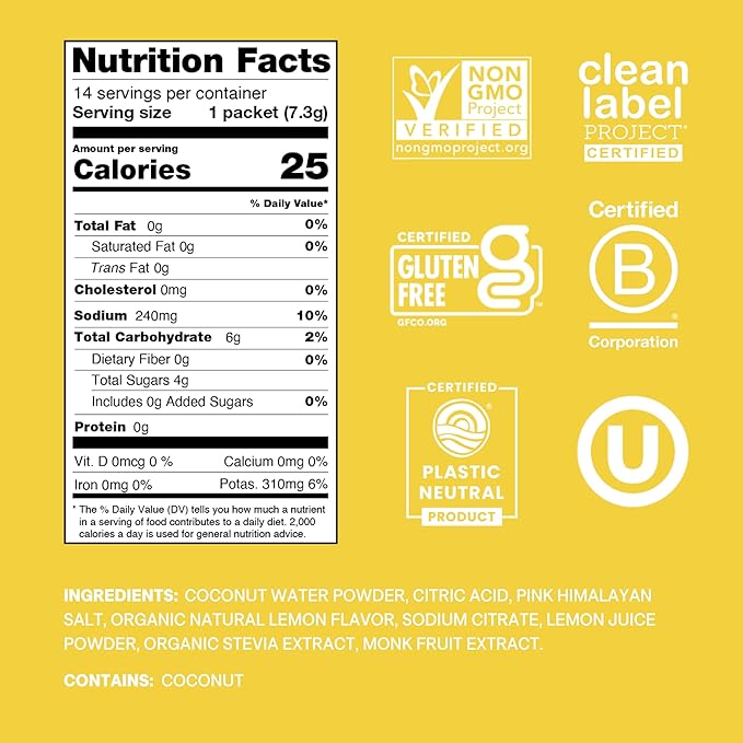 Cure Hydration | Plant-Based Electrolyte Drink Mix | No Added Sugar | FSA-HSA | Dehydration Relief Powder Made with Coconut Water | Non-GMO | Vegan | Pouch of 14 Packets - Lemonade