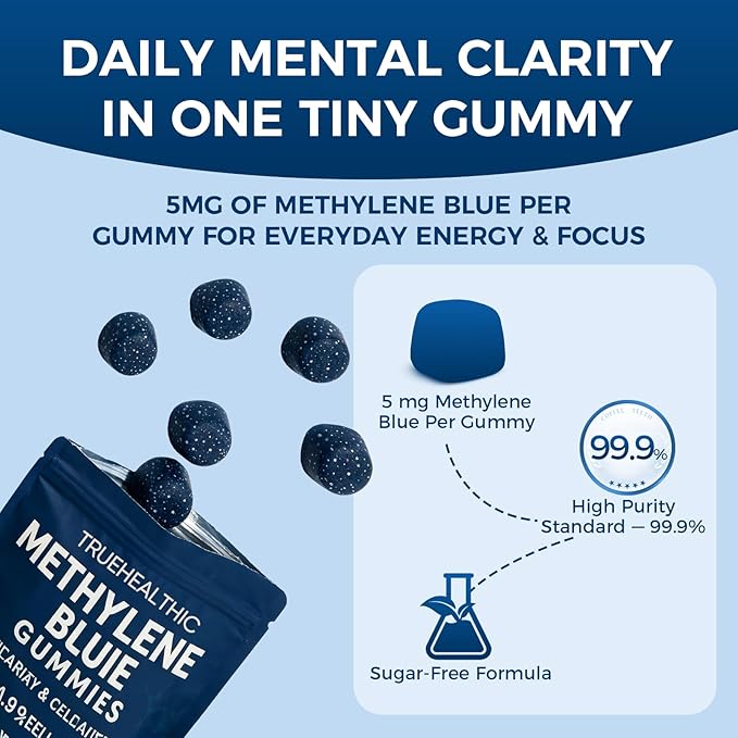 Methylene Blue Gummies, for Cognitive Support & Mental Focus, Clean 5mg of Methylene Blue Per Gummy, 99.9% Pure, Vegan, Non-GMO, 60 Gummies