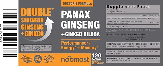 NooMost Authentic Korean Red Panax Ginseng + Ginkgo Biloba, 120 Vegan Capsules, Ginseng Root Extract Powder 1000mg (10% Ginsenosides) + Gingko Biloba 60mg, Energy and Focus Pills for Men and Women