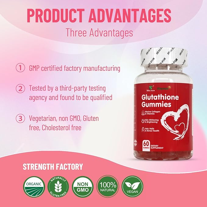 Glutathione Gummies 1000mg, Rich in Marine Collagen & Vitamins, Skin Whitening & Brightening, 60 Count