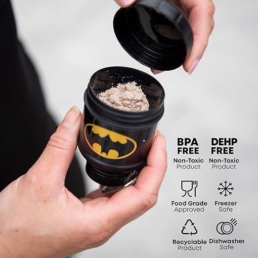 Smartshake Justice League Whey2Go Protein Powder Storage Container 50g – BPA Free Shaker Bottle Funnel for Whey Protein Powder - 110ml, DC Comics - Batman