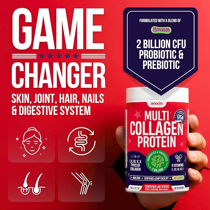 Multi Collagen Peptides w/Prebiotic + Probiotics + Type I, II, III, V, X + Hydrolyzed Collagen Powder w/Vitamin C+D3+B7+K2+E Hyaluronic Acid, Supports Skin Hair Nail Joint, Grass-Fed, Non-GMO (2)