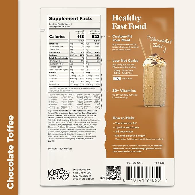 Keto Chow Chocolate Toffee - Keto Meal Replacement Shake Powder - Nutritionally Complete - Low Carb - Delicious Easy Meal Substitute - Protein Rich You Choose The Fat - Single Meal Sample