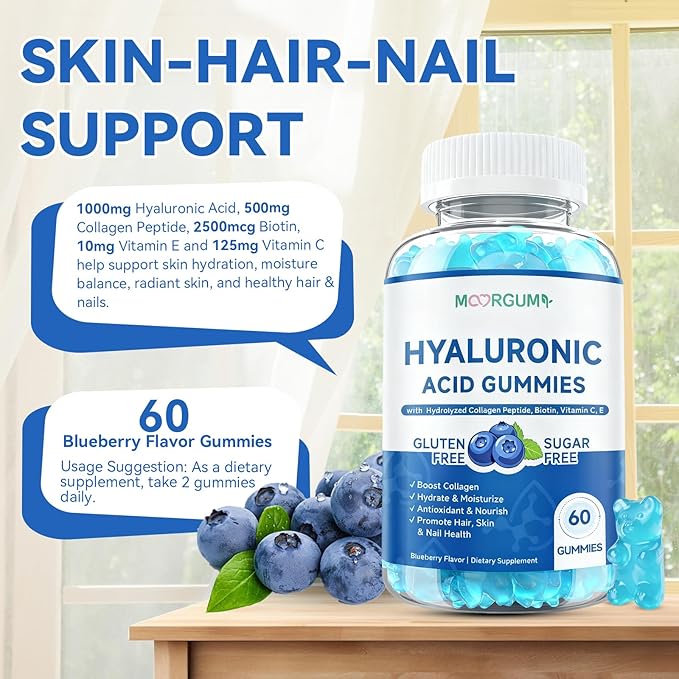 1000mg Hyaluronic Acid & Collagen Peptide Supplements with Biotin, Vitamins C & E - Hair Skin Nails Health Support for Men & Women, Blueberry Flavor, Gluten-Free 120 Gummies
