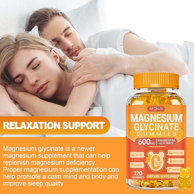 Magnesium Glycinate Gummies 600mg, Chewable Sugar Free Potassium Gummies with Magnesium Glycinate, Vitamin D, B6 and CoQ10 for Stress Relief, Body Support & Muscle, 2 Pack