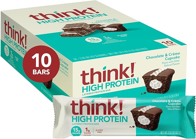 think! Protein Bars, High Protein Snacks, Gluten Free, Kosher Friendly, Sweet Treat, Chocolate & Creme Cupcake, 10 Count (Packaging May Vary)