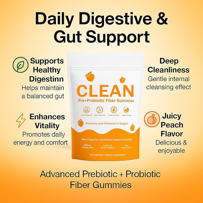 Clean Prebiotic Fiber Gummies for Men - Peach Flavor, Pre+Probiotic Fiber Gummies, Gut Balance, Digestive Support & Daily Clean Confidence, Cleaning Support Gummy 60Gummies