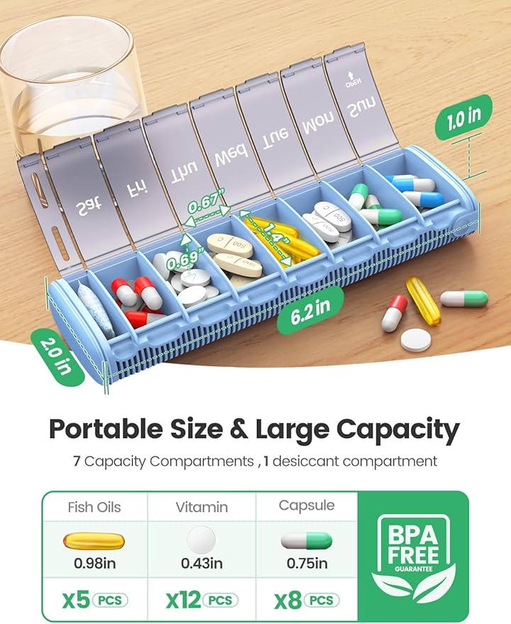Weekly Pill Organizer 7 Day, Airtight Silicone Seal Pill Box with Built-in Desiccant, Portable Travel Medicine Organizer, Moisture-Proof Vitamin & Supplement Container,Pink