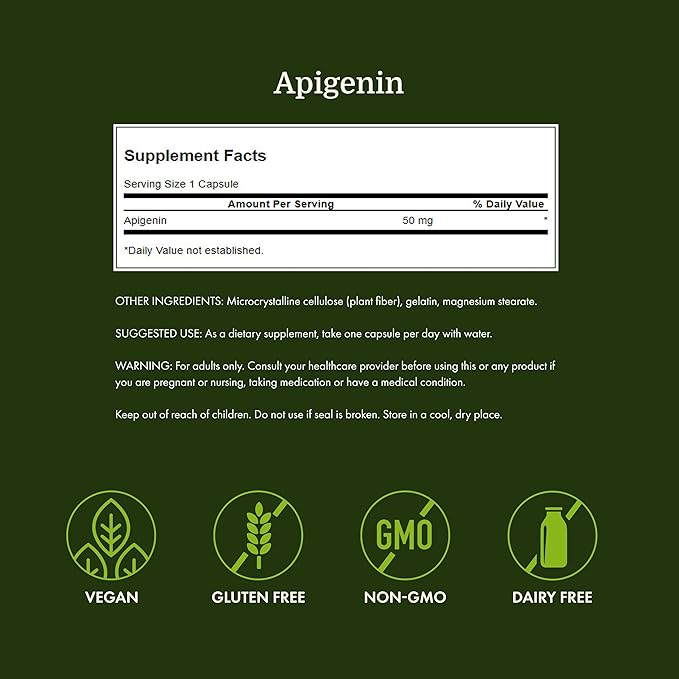 Swanson Apigenin Bioflavonoid Supplement for Adults Seeking Natural Sleep, Relaxation, and Stress Relief Support - 50 mg (90 Vegan Capsules)