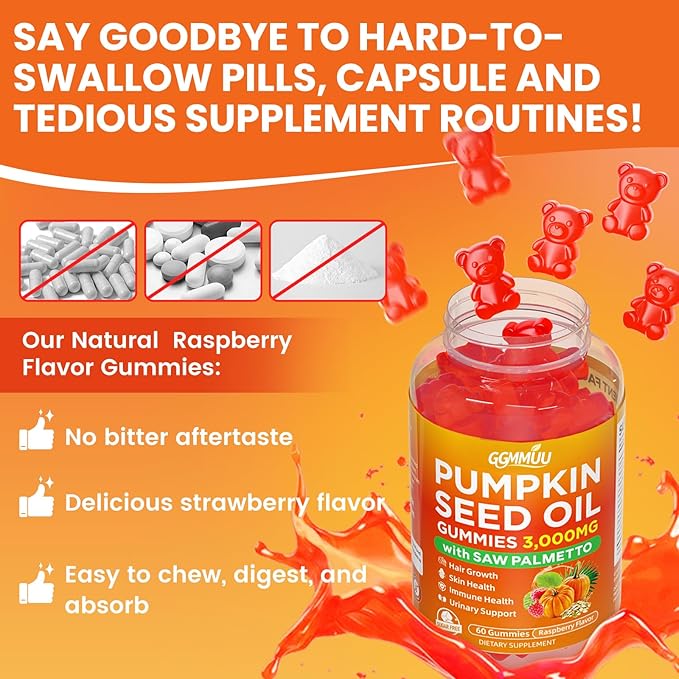 2 Pack Pumpkin Seed Oil Gummies with Saw Palmetto, 3000mg Per Serving Pumpkin Seed Oil Supplement for Hair Growth, Skin Health, High Pure Extract for Women & Men, Raspberry Flavor, 120 Count