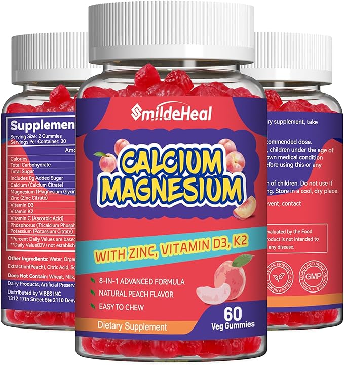 Calcium Magnesium Gummies 600MG, Calcium Magnesium Zinc Gummies with Vitamin D3 - High Absorption Complex Calcium Supplement, Vegan, 60 Counts