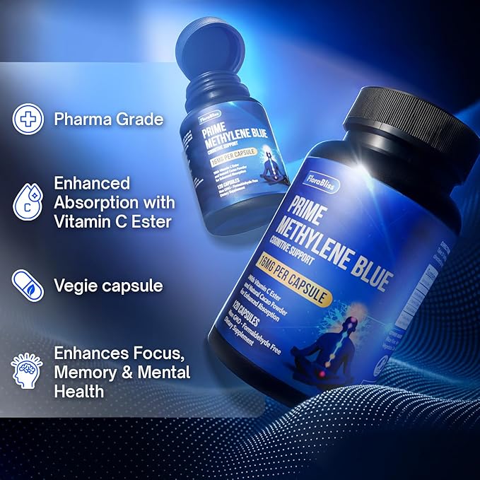 FloraBliss 120 Methylene Blue Capsules (16 mg per Capsule) - Formulated with Natural Cacao (250 mg) and Vitamin C Ester (35 mg) for Added Support, 120-Day Supply | Vegan, Non-GMO, Gluten-Free