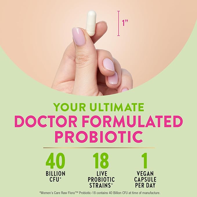 Raw Flora Women's Probiotics | Dr. Formulated 40 Billion CFU + Prebiotics | Digestive, Vaginal & Urinary Support | 33 Vegan Capsules with Cranberry & D-Mannose | Shelf Stable