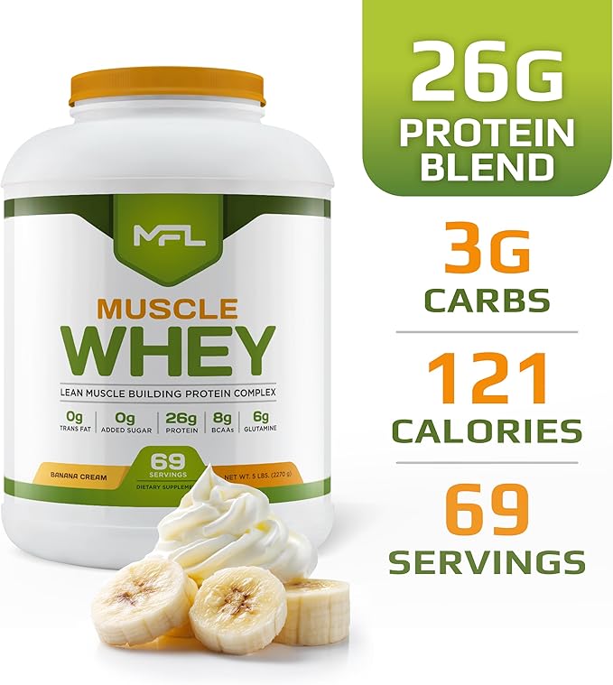 MFL Muscle Whey Protein l 28g of Protein l 8g BCAAs l Keto Friendly l Low Carbs l 5 lbs. (Banana Cream)