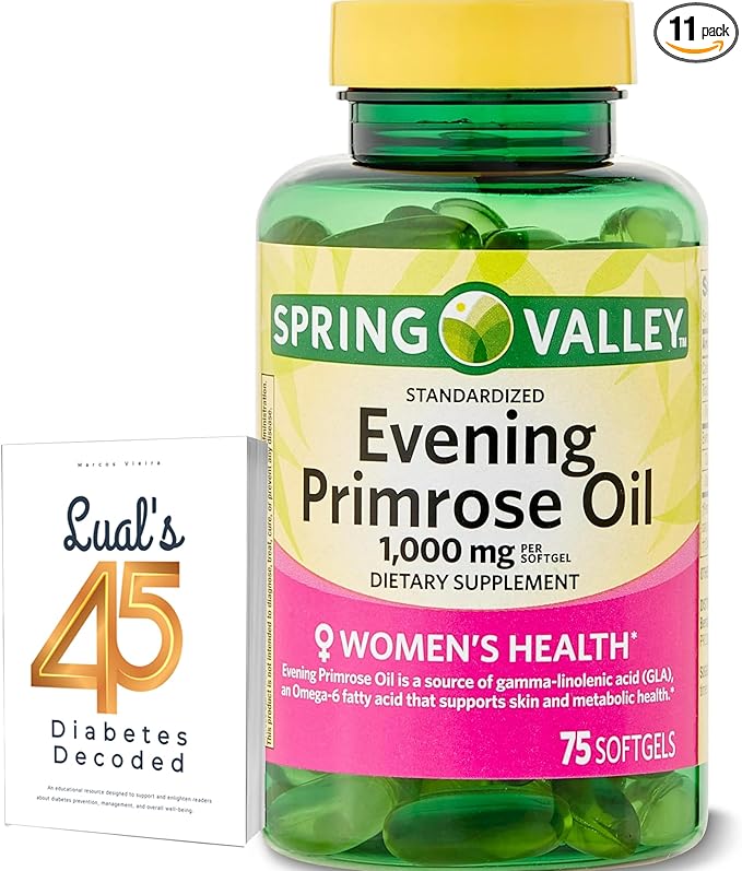 Spring Valley Evening Primrose Oil Women's Health Dietary Supplement Softgels, 1000 mg, 75 Count, Softgels, Evening Primrose Oil Capsules 1000mg Bundle with LualL's 45 Diabetes Decoded