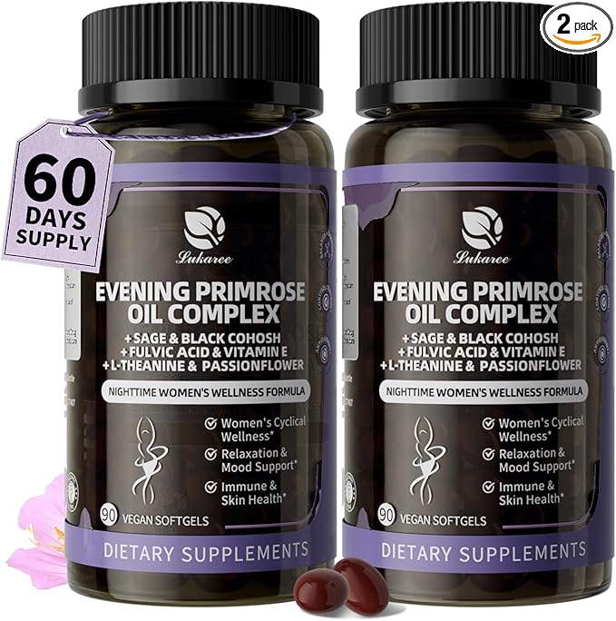 Lukaree 2 Pack Evening Primrose Oil Complex for Women – Hormone Wellness with Cold-Pressed EPO, 10% GLA, Sage, Fulvic Acid, L-Theanine – Cyclical Balance, Mood, Skin & Immune Health, 180 Softgels