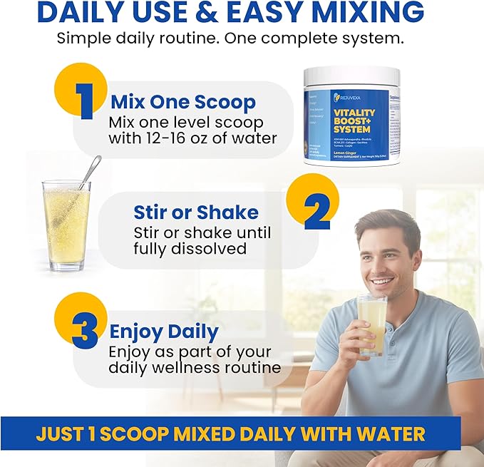 Vitality Boost+ System – Daily Energy & Stress Support Powder – 500mg KSM-66® Ashwagandha, BCAA 2:1:1, Magnesium, CoQ10 & Collagen – 30 Servings – Lemon Ginger – Made in USA