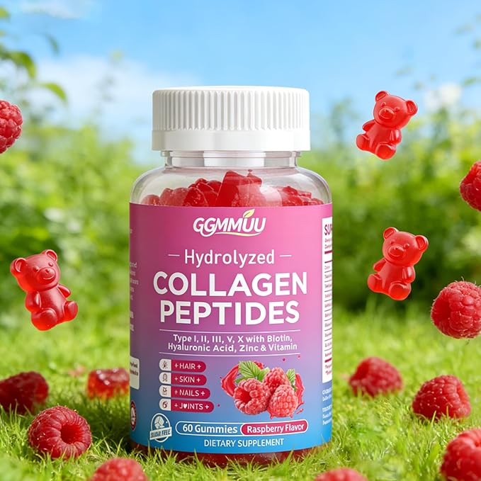 Collagen Peptide Gummies for Women & Men, Collagen Protein Type I,II,III,V,X with Biotin Vitamin C, D, Hydrolyzed Collagen Supplement for Skin, Hair, Nails, Raspberry Flavor, 60 Count