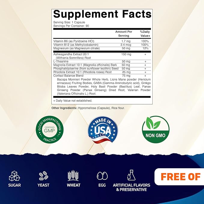 Vitamatic Cortisol Health Support - 90 Veggie Capsules - Made with Adaptogenic Blend with Ashwagandha, Rhodiola, Magnolia, L-Theanine, Phosphatidylserine (Pack of 2)