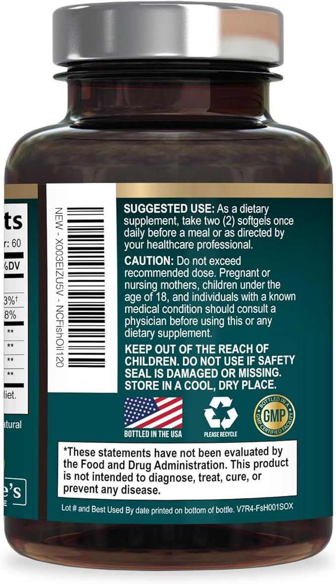 Omega 3 Fish Oil Supplements - 2400mg Fish Oil Per Serving - Triple Strength Omega-3 with Fatty Acids EPA & DHA - Natural Heart, Brain & Immune Support - Wild Caught, Bottled in USA - 120 Softgels