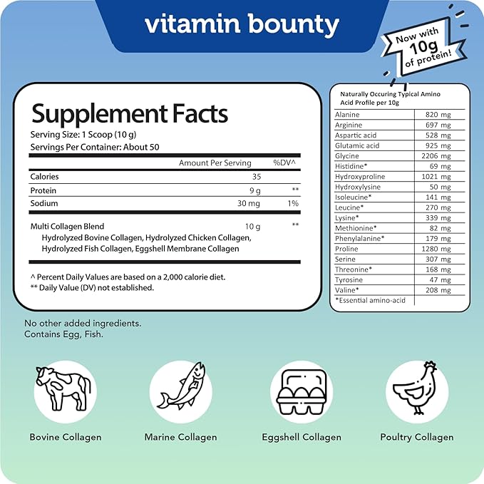 Vitamin Bounty Multi Collagen Complex - Hydrolyzed Collagen Peptides Types I, II, III, V & X - Supports Skin Elasticity, Joint Health, Hair & Nail Growth - 50 Servings