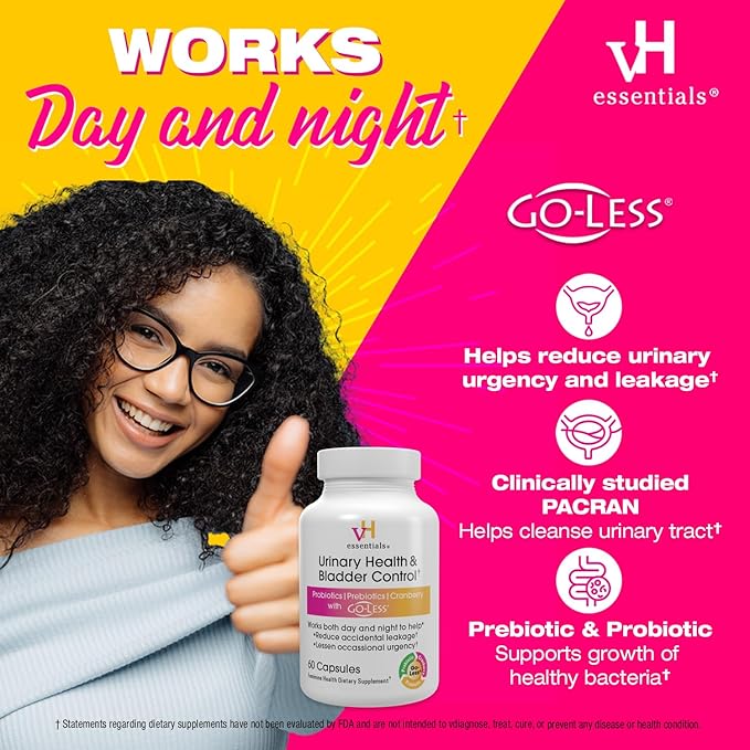 vH Essentials Urinary Health & Bladder Control, Cranberry Extract, Prebiotics and Probiotics, 24-Hour Feminine Health Support, Reduces Occasional Leakage, Supports Vaginal Health, 60 Capsules
