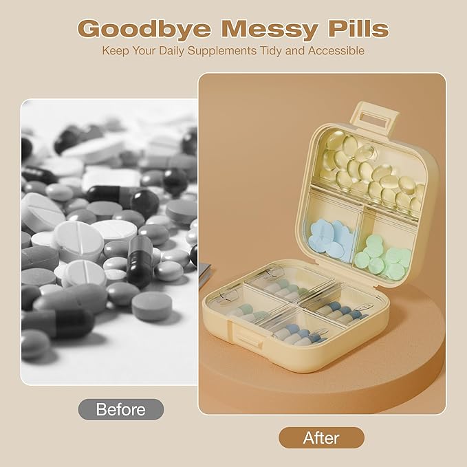 Small Travel Pill Box, Double Layer 7-Compartments Pill Organizer, 3.1" x 3.1" x 1.4" Portable Weekly Pill Case Container for Pocket, 7 Day Compact Medicine Holder for Vitamins, Fish Oils Yellow