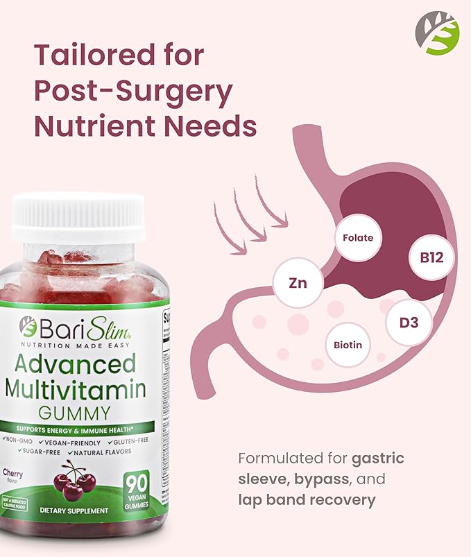 BariSlim Advanced Bariatric Multivitamin Gummies - Specially Formulated Bariatric Vitamins for Patients After Weight Loss Surgery - Supports Energy & Immune Health | Cherry (90 Vegan Gummies)