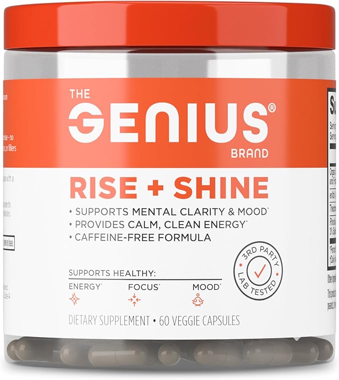 The Genius Brand Genius Rise+Shine - Nootropic Energy Formula with EnXtra, Rhodiola rosea, Cordyceps Mushroom & Theobromine - Caffeine-Free Formula - 60 Veggie Capsules
