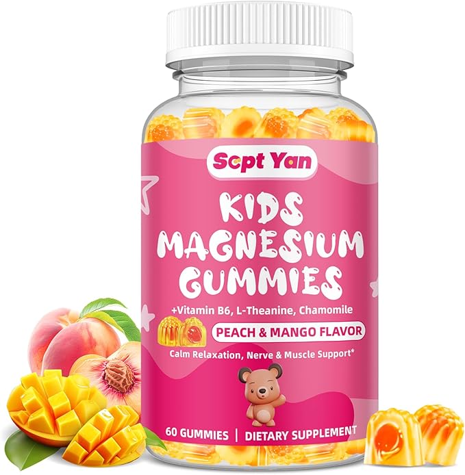 Kids Magnesium Gummies, Magnesium Glycinate Gummies for Kids & Adults with Citrate, L-Theanine, Chamomile, Vitamin B6 for Sleep, Relaxation, Brain & Muscle, Sugar Free Peach & Mango 60ct