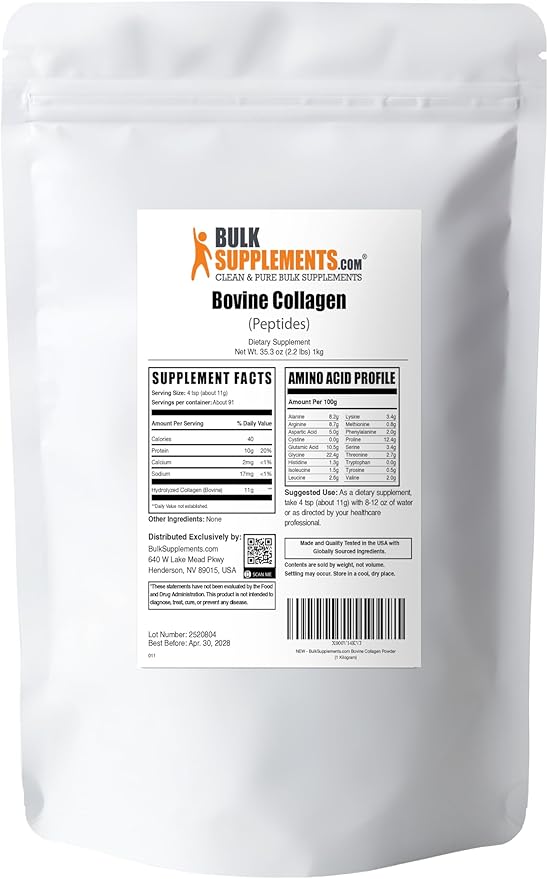BulkSupplements.com Collagen Peptides Powder - Bovine Collagen Powder, Powdered Collagen Supplement - Hydrolyzed & Gluten Free, 11g per Serving, 1kg (2.2 lbs) (Pack of 1)