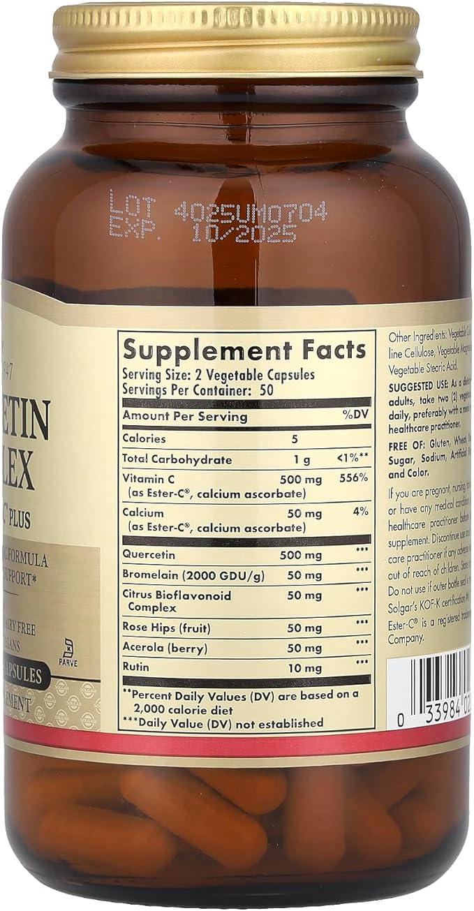 Solgar Quercetin Complex with Ester-C Plus, 100 Vegetable Capsules - Supports Immune Health, Antioxidant - Gentle on The Stomach Vitamin C - Non-GMO, Vegan, Gluten/Dairy Free - 50 Servings