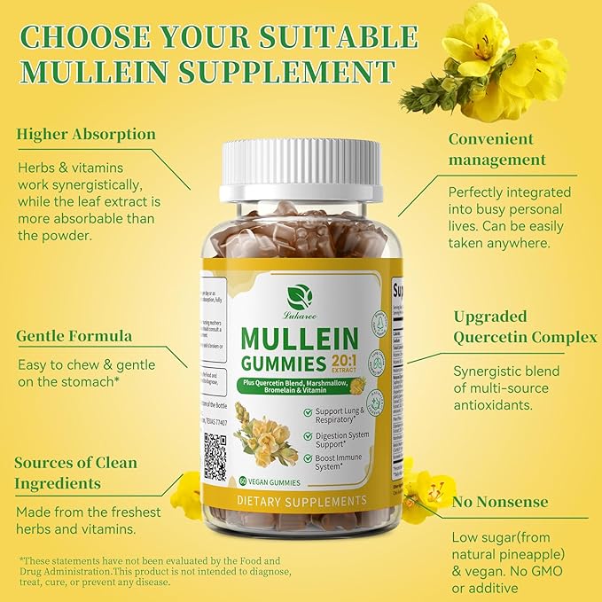 (2 Pack) 9 in 1 Mullein Gummies for Lung Cleanse & Lymphatic Drainage*, Extra Strength Mullein Leaf Extract w/Quercetin, Bromelain, Elderberry & Marshmallow for Respiratory & Immunity,Vegan,120 Count