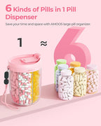 AMOOS Large Pill Dispenser with 6 Compartments, Anti-Mix Pill Bottle Organizer with Wide Opening & Easy Retrieval, Vitamin Organizer for Travel, BPA-Free Pill Box with a Strap, Pink