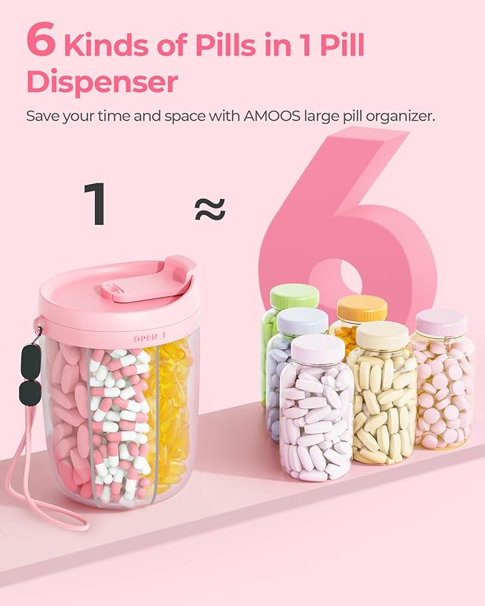 AMOOS Large Pill Dispenser with 6 Compartments, Anti-Mix Pill Bottle Organizer with Wide Opening & Easy Retrieval, Vitamin Organizer for Travel, BPA-Free Pill Box with a Strap, Pink