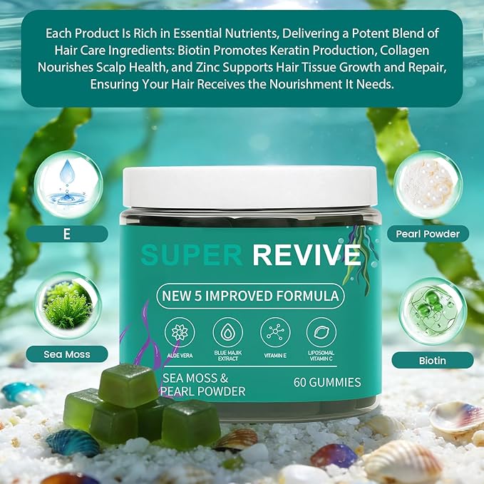 Super Revive Gummies for Hair Loss - Sea Moss Gummies with Vitamin C, E, Aloe Vera & Pearl Powder Glow, Promotes Thicker, Fuller & Stronger Hair - 60 Count